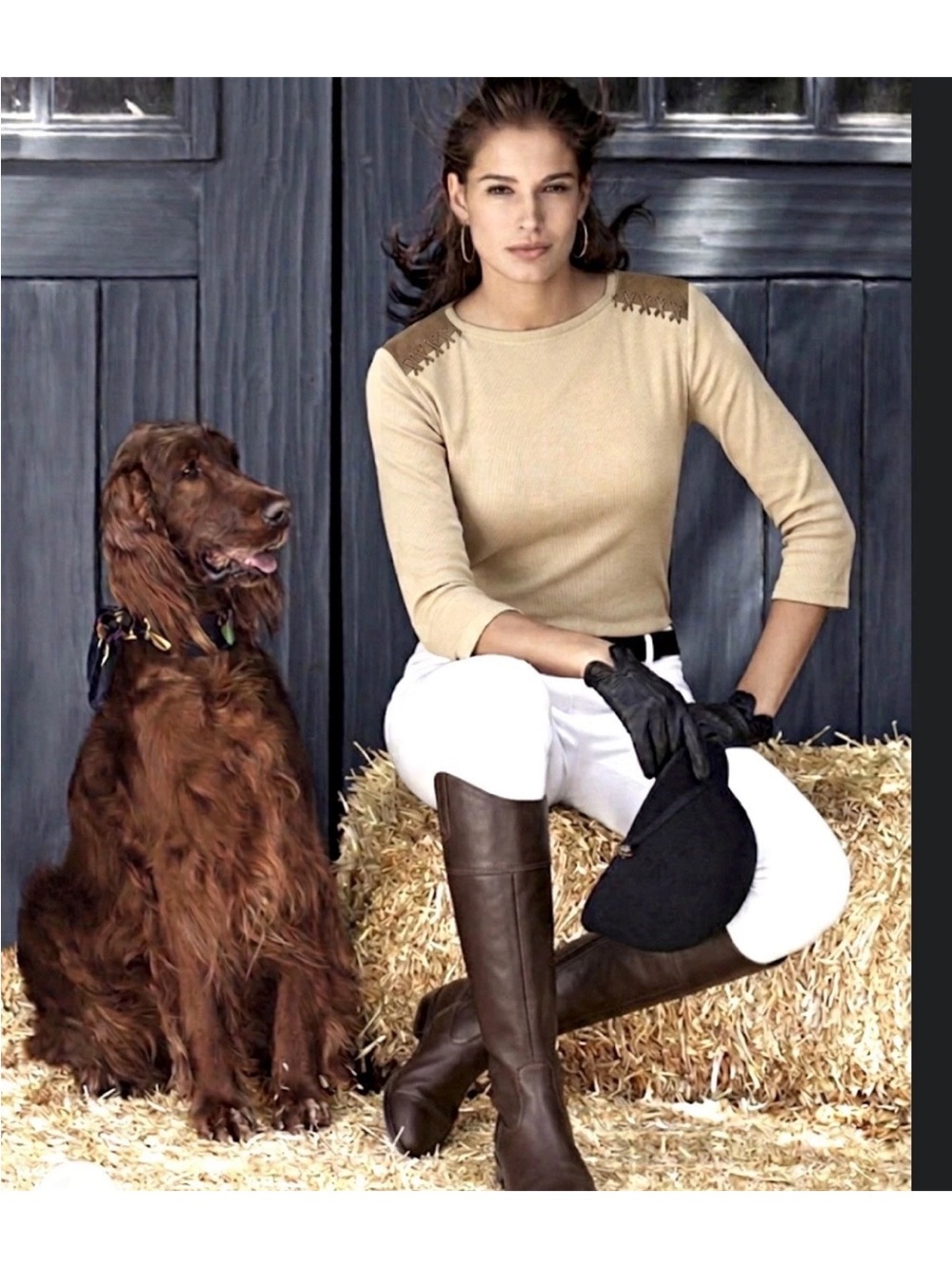 RALPH LAUREN WOMEN EQUESTRIAN RIBBED TOP M/L TAN COTTON FAUX SUEDE WESTERN $89